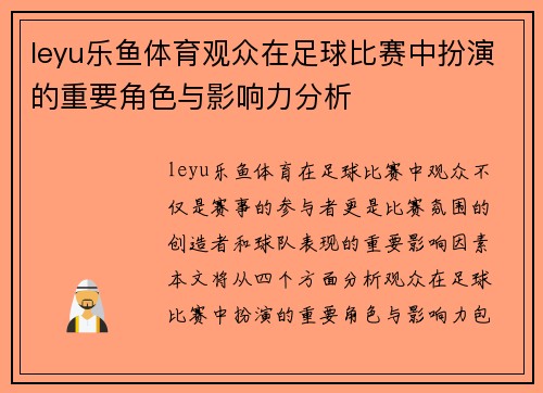 leyu乐鱼体育观众在足球比赛中扮演的重要角色与影响力分析