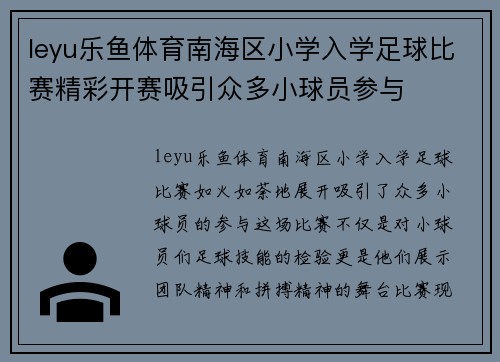 leyu乐鱼体育南海区小学入学足球比赛精彩开赛吸引众多小球员参与